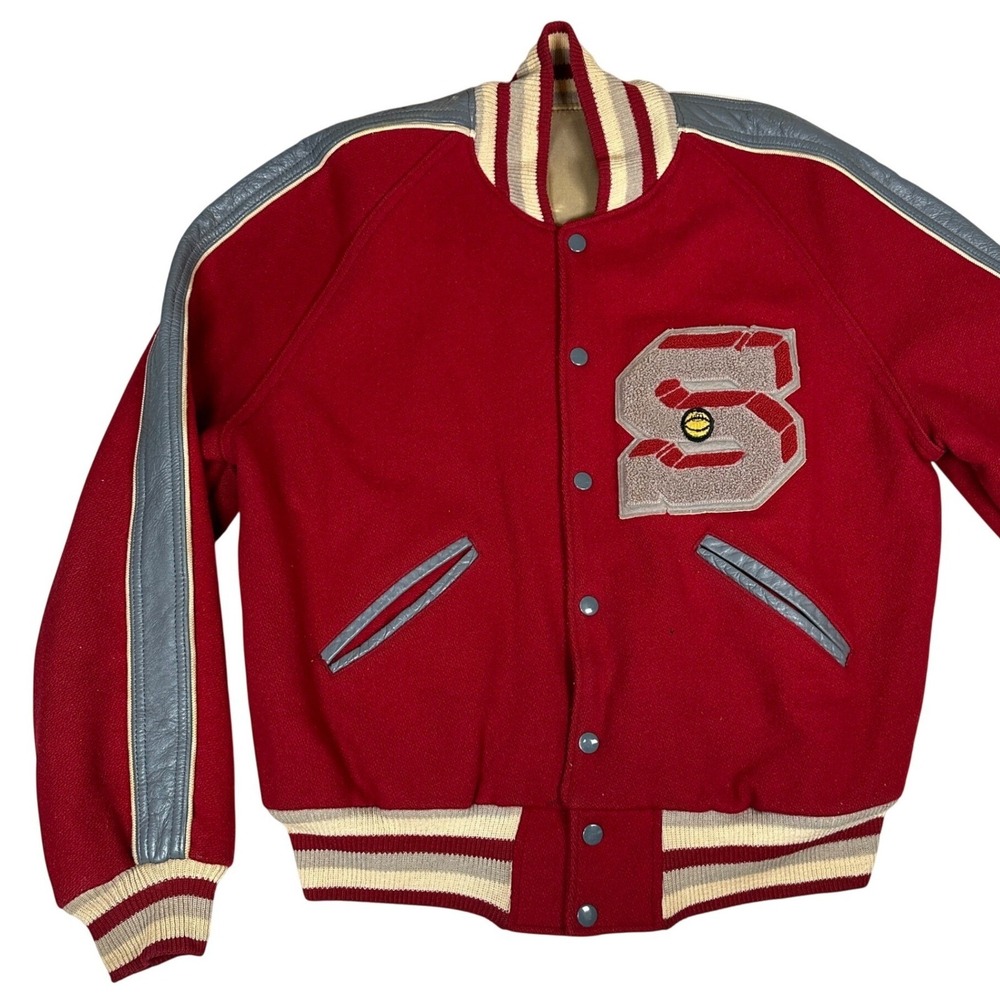 Vintage Red Wool‎ Varsity Letterman Jacket Leather Trim Chenille S Patch Mens XL